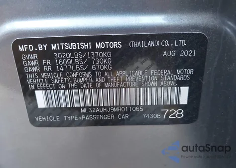 2021 Mitsubishi Mirage Carbonite Edition/Es/Le z USA, uszkodzony, nr VIN ML32AUHJ9MH011065